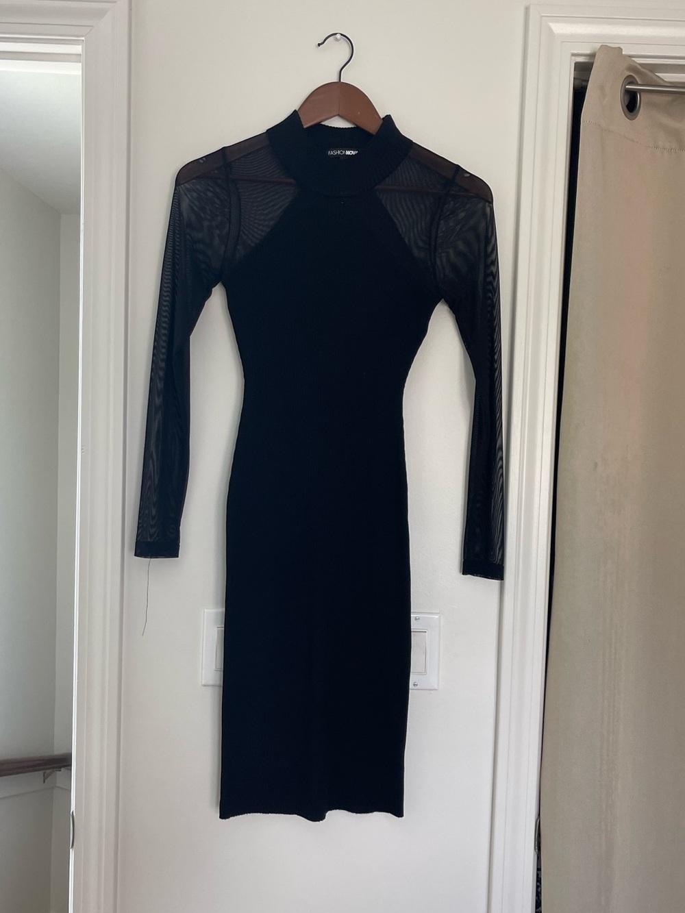 Fashion Nova Fitted Black Long-Sleeve Mesh Detail Dress
